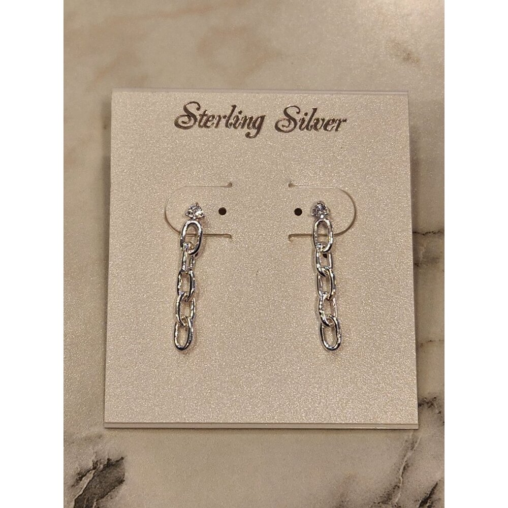 Sterling Silver Chain Drop Earrings With Cubic Zirconia Studs